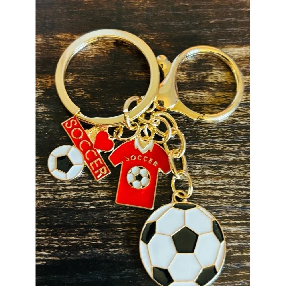 Red Soccer Charms Keychain with Mini Soccer Ball in Gold Tone Hardware